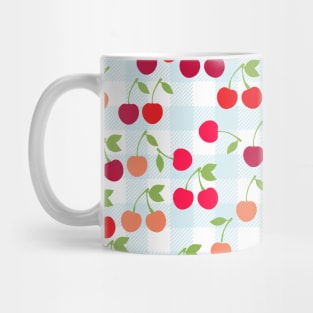 Cute Cherry Pattern on Blue Gingham Mug